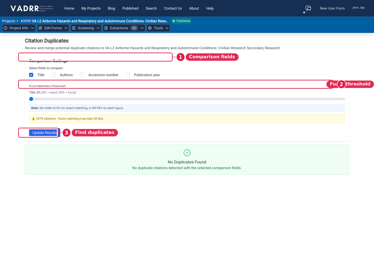 The Citation Duplicates screen