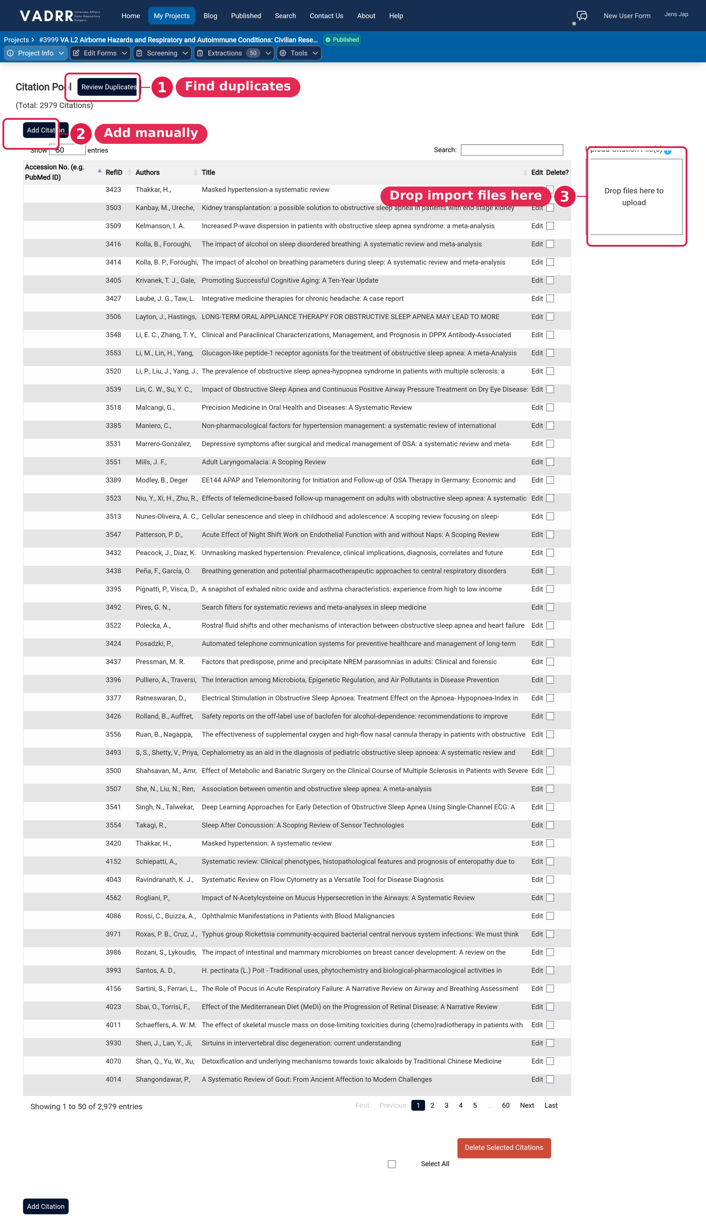 The Citation Pool screen with the upload panel