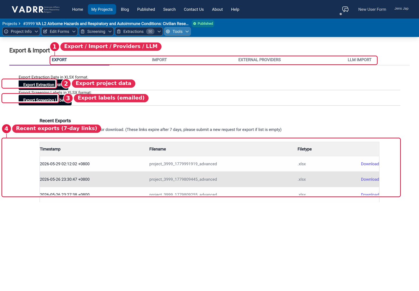 The Export & Import page