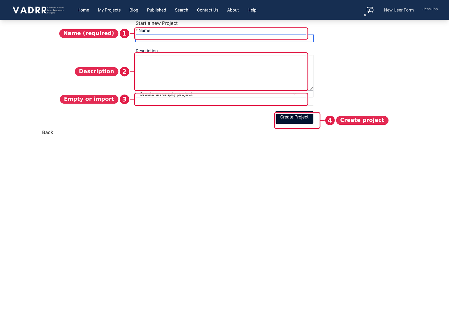 The "Start a new Project" form