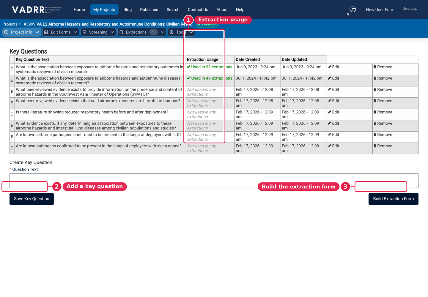 The Key Questions management screen