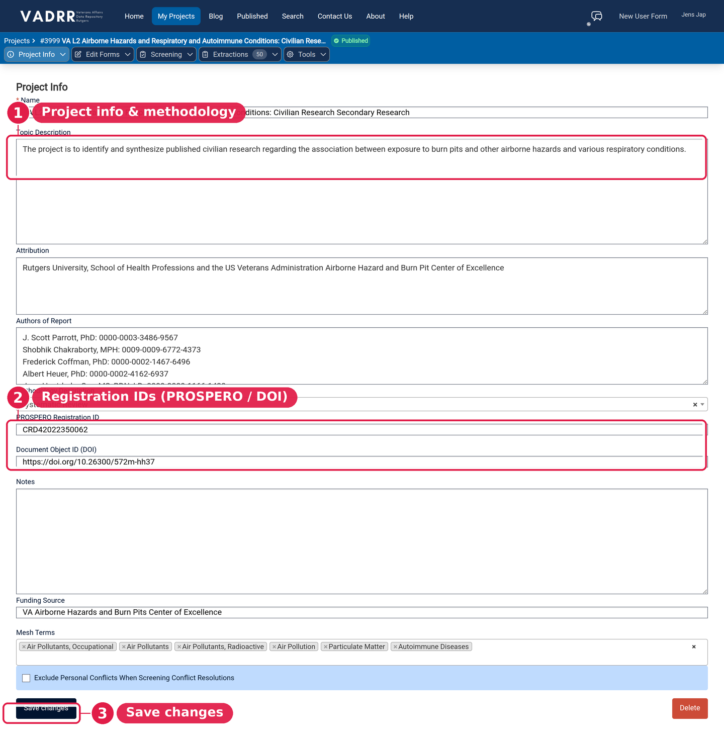 The Project Info settings form